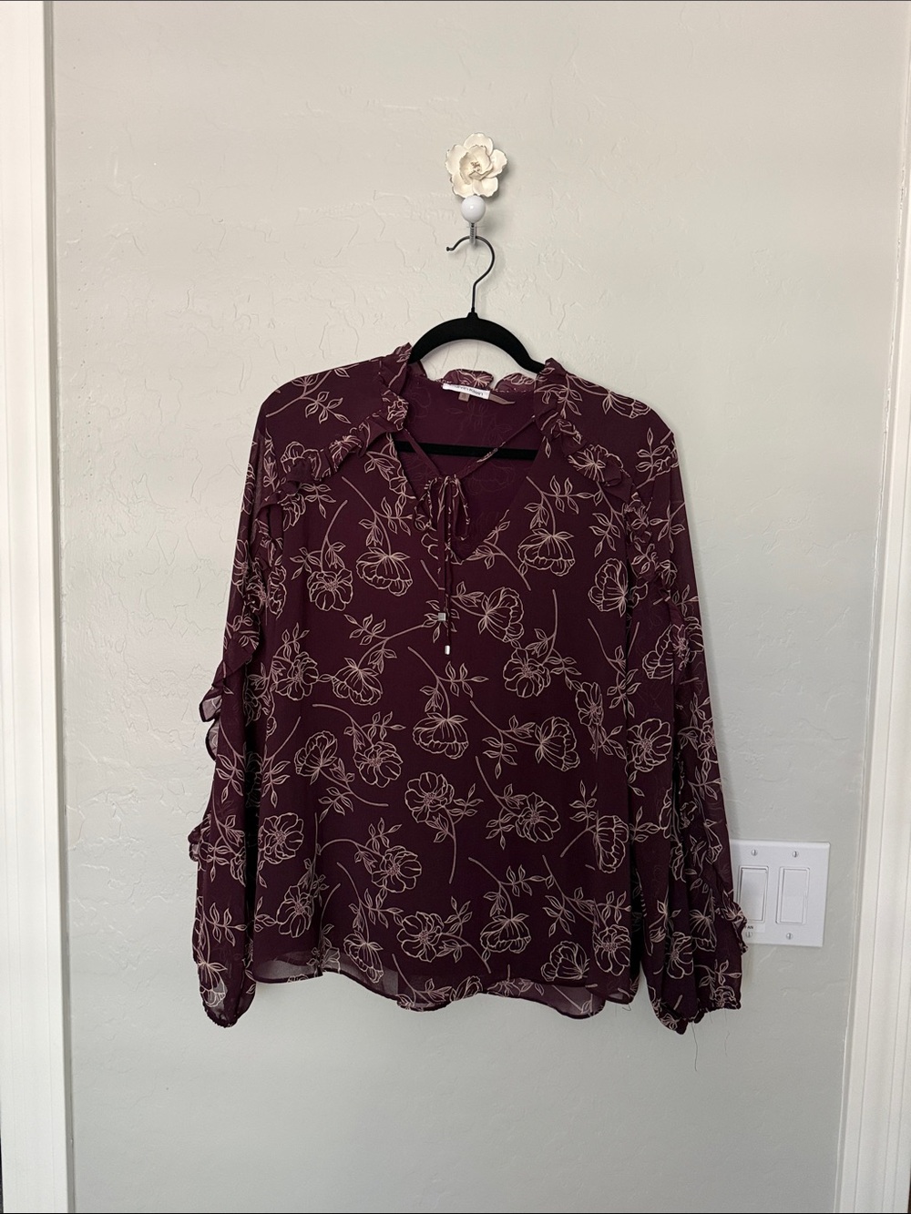 Calvin Klein Maroon Floral Tie-Neck Blouse